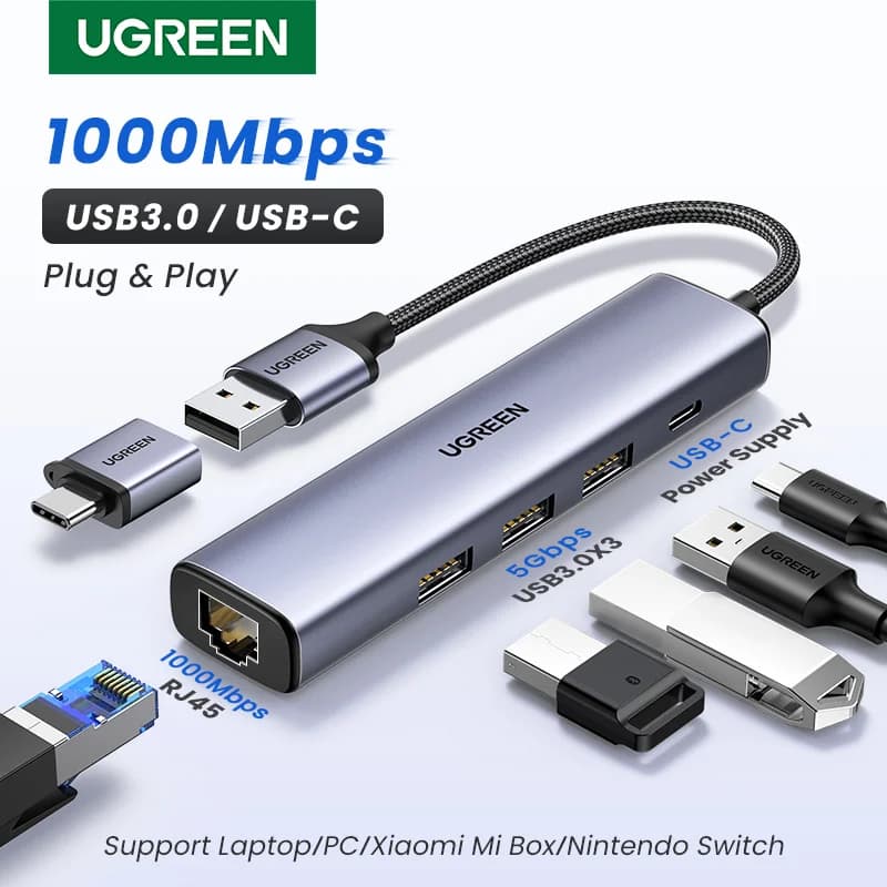 USB-C Ethernet-adapter med 1000Mbps RJ45 och USB-hubb