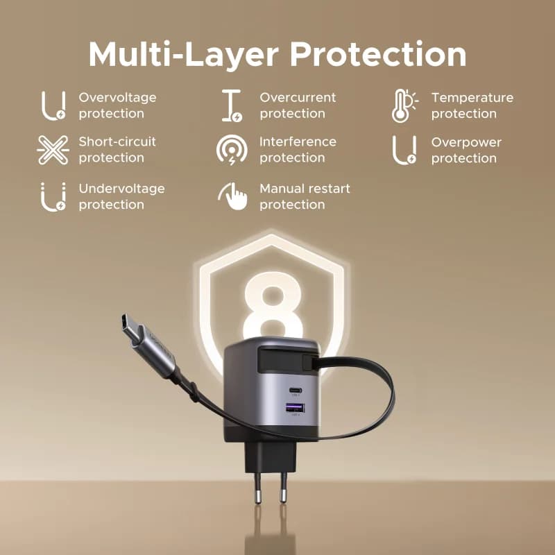 65W GaN-laddare med infällbar USB-C-kabel
